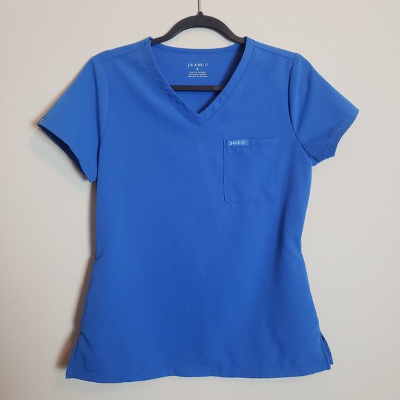 Jaanuu Royal Blue 3-Pocket V-Neck Top Small + Drawstring 6 Pocket Pant Scrub Set - Picture 4 of 10